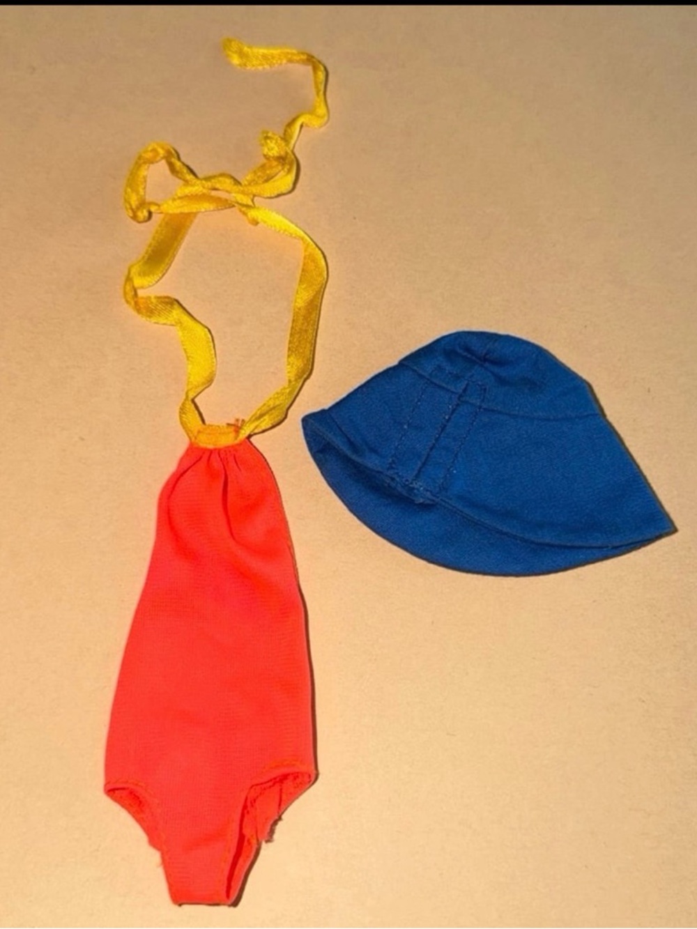 Vtg Barbie 70’s/80’s Orange Swimsuit Yellow Halter Top Style Tie - Blue Rain Hat